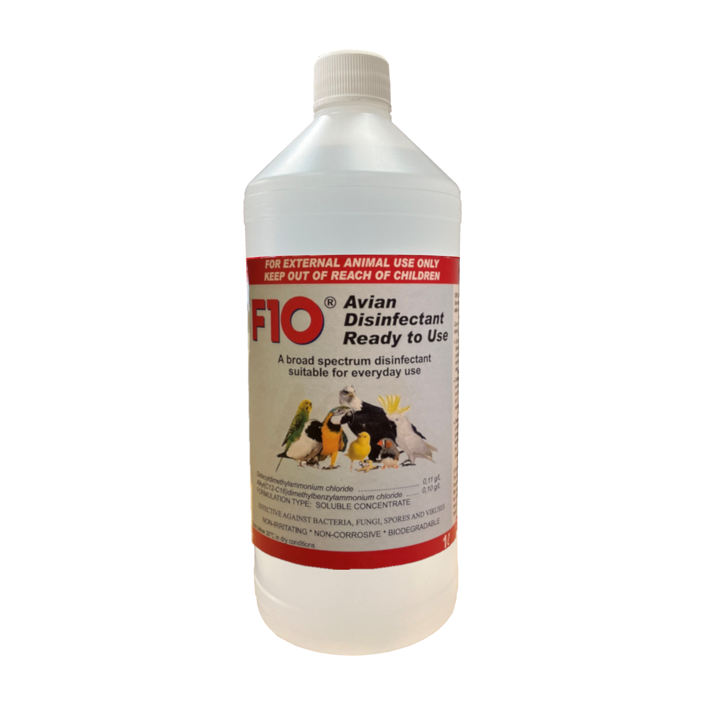 A 1 litre bottle of F10 Avian Disinfectant Ready to Use