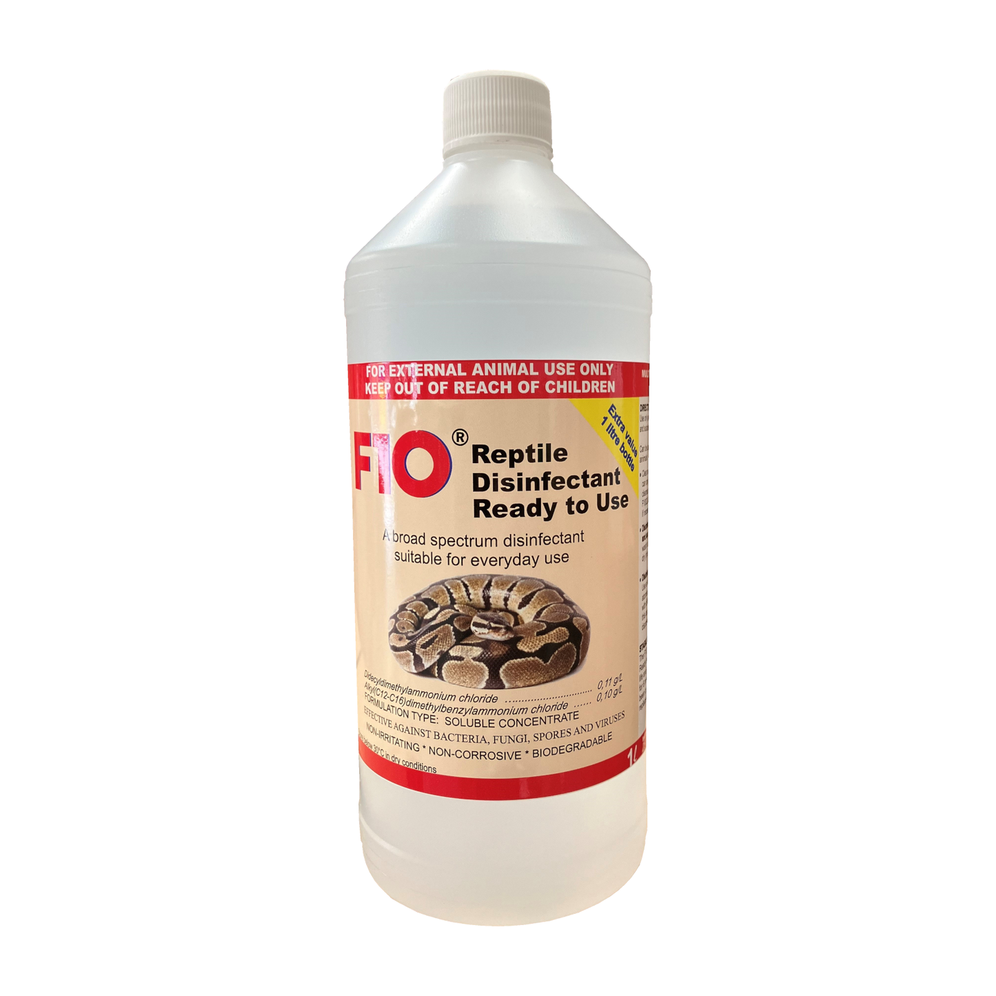 A 1 litre bottle of F10 Reptile Disinfectant Ready to Use