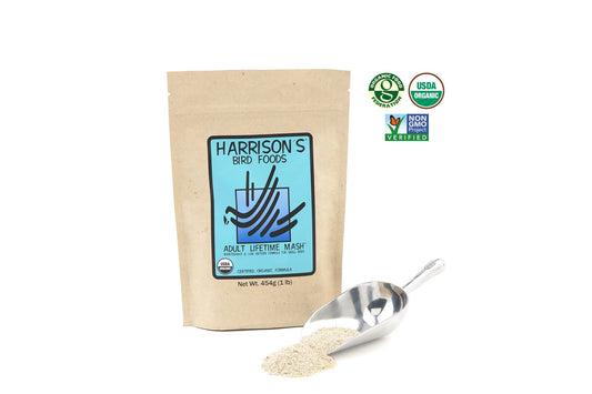 A bag of Harrison's Adult Lifetime Mash, next to a metal scoop full of the mash