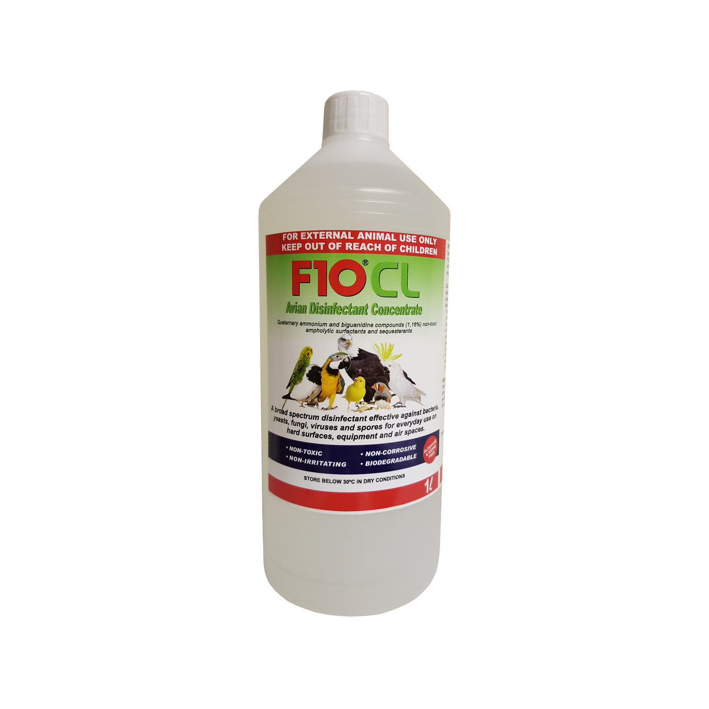 A 1 litre bottle of F10CL Avian Disinfectant Concentrate