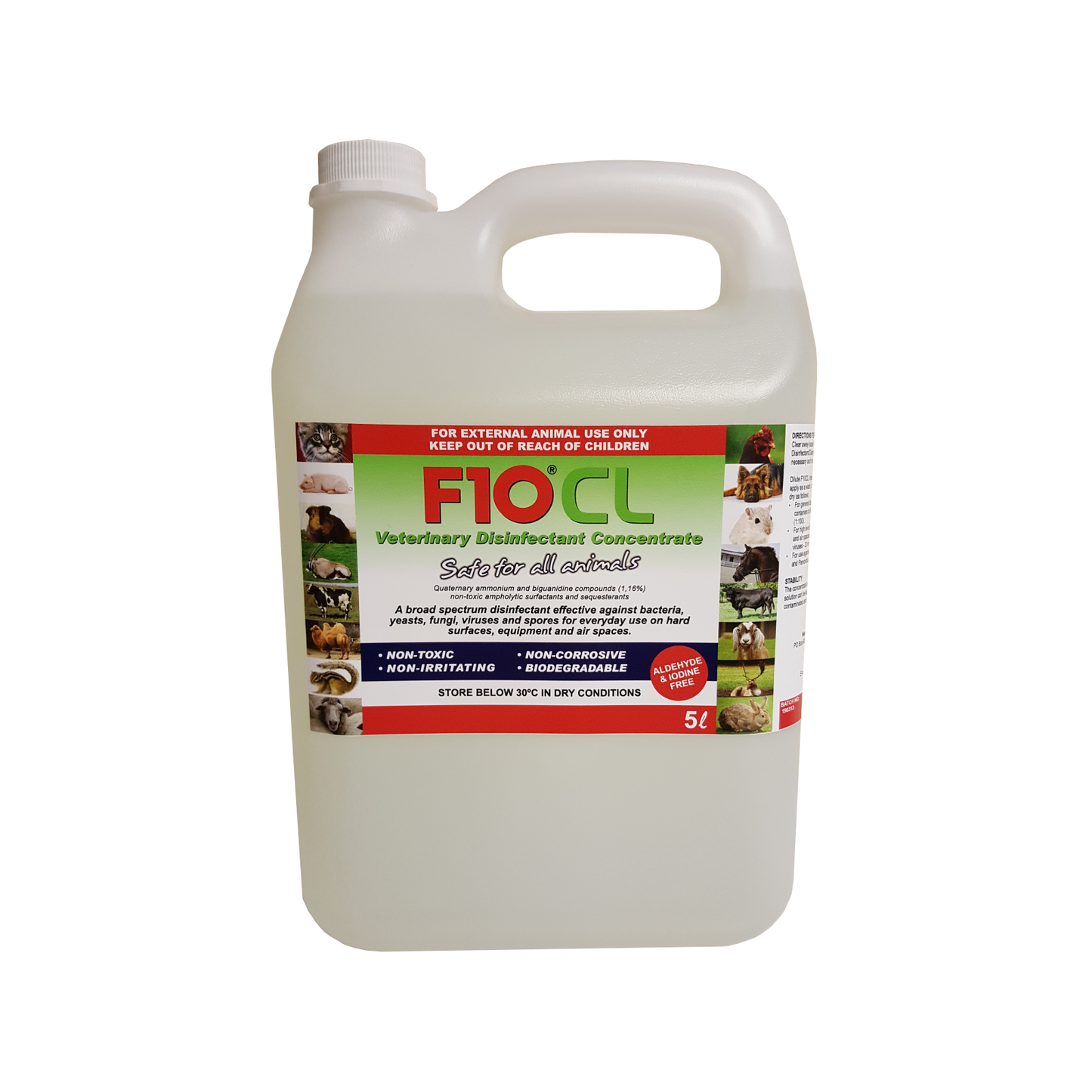 A 5 litre bottle of F10CL Veterinary Disinfectant Concentrate