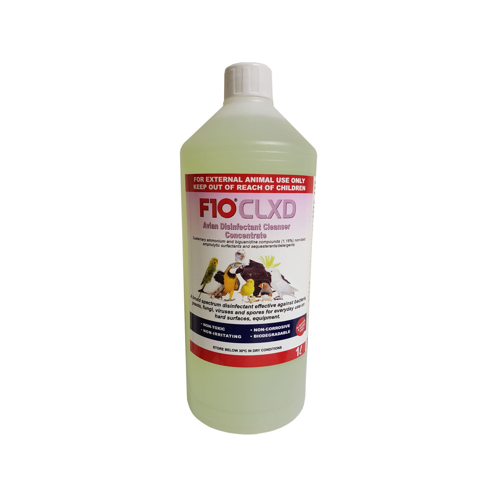 A 1 litre bottle of F10CLXD Avian Disinfectant Cleanser Concentrate