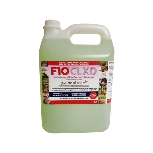 A 5 litre bottle of F10CLXD Veterinary Disinfectant Cleanser Concentrate