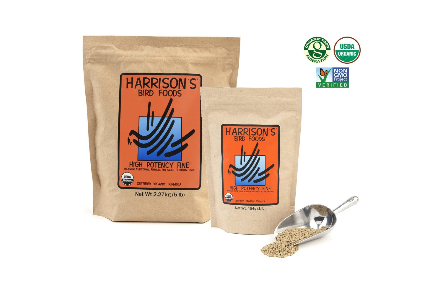 A 2.27kg and 454g bag of Harrison's High Potency Fine, next to a metal scoop full of the nuggets