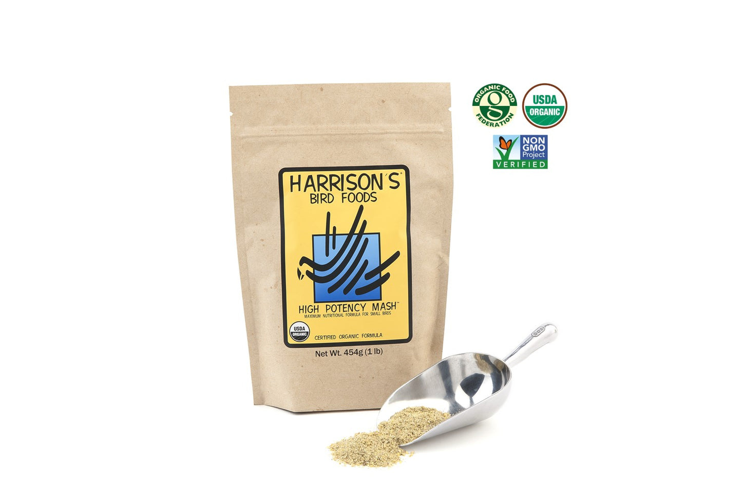 A bag of Harrison's High Potency Mash, next to a metal scoop full of the mash