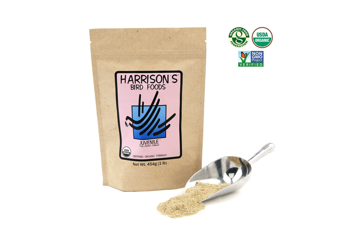 A bag of Harrison's Juvenile Formula, next to a metal scoop full of the formula