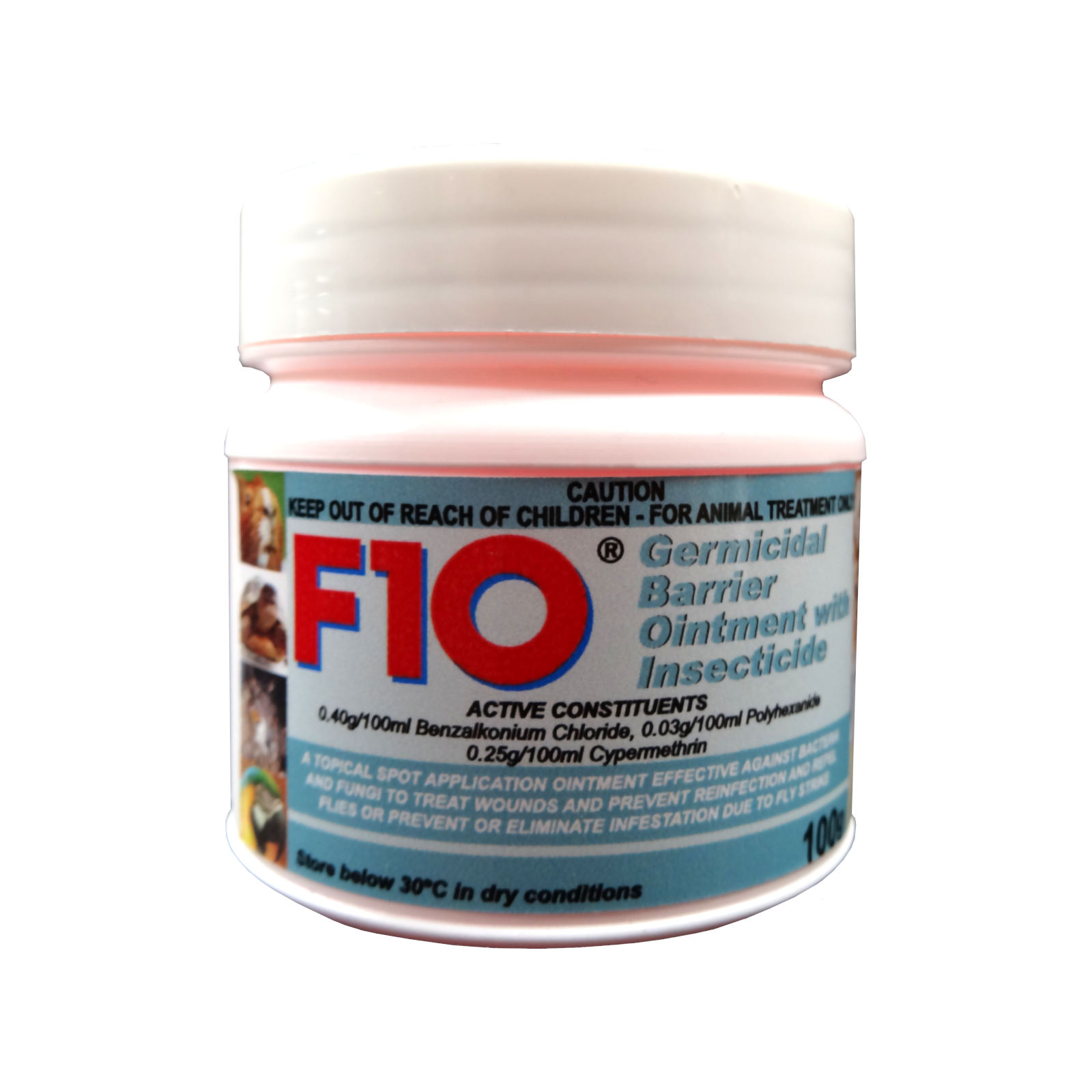 A 100g tub of F10 Germidical Barrier Ointment with Insecticide