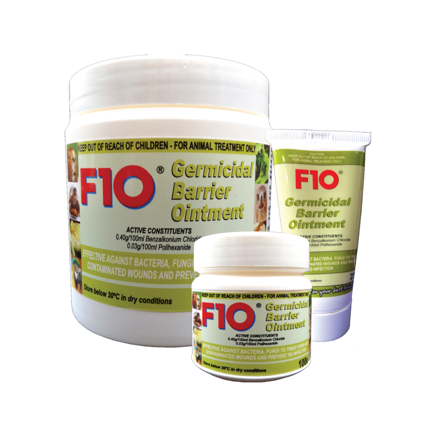 A 500g tub, 100g tub and 25g tube of F10 Germidical Barrier Ointment 