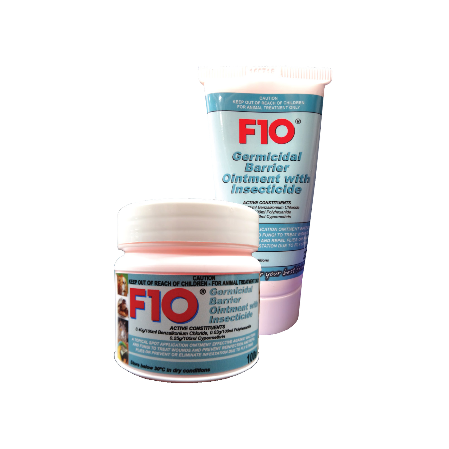 A 100g tub and 25g tube of F10 Germidical Barrier Ointment with Insecticide
