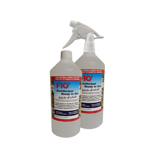 Two 1 litre bottles of F10 Disinfectant Ready to Use, one with a trigger spray