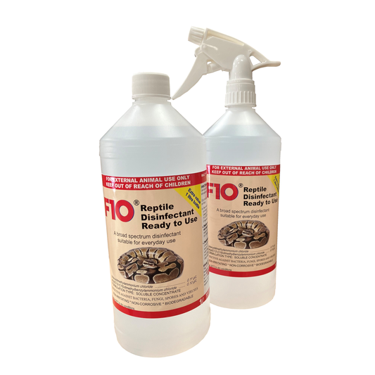 Two 1 litre bottles of F10 Reptile Disinfectant Ready to Use, one with a trigger spray