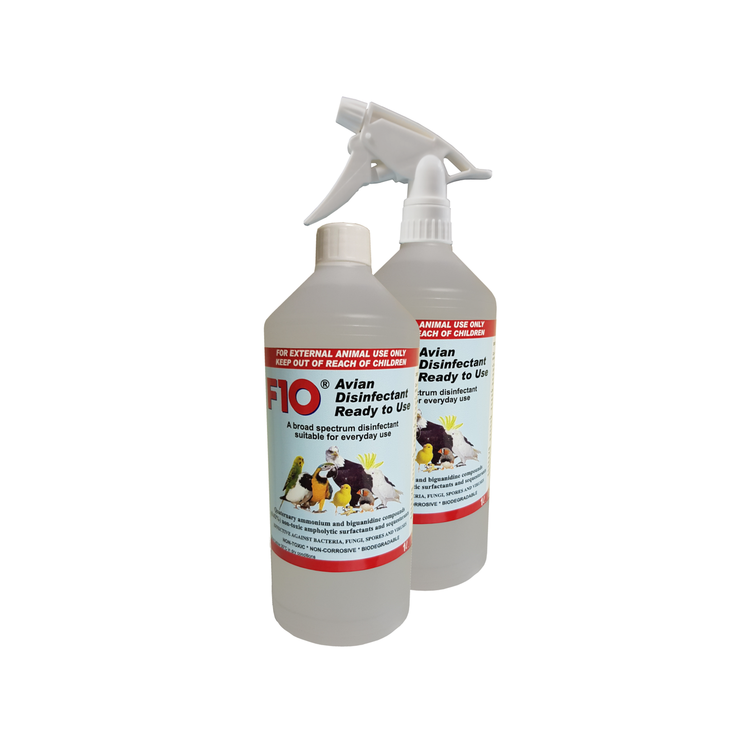 Two 1 litre bottles of F10 Avian Disinfectant Ready to Use, one with a trigger spray