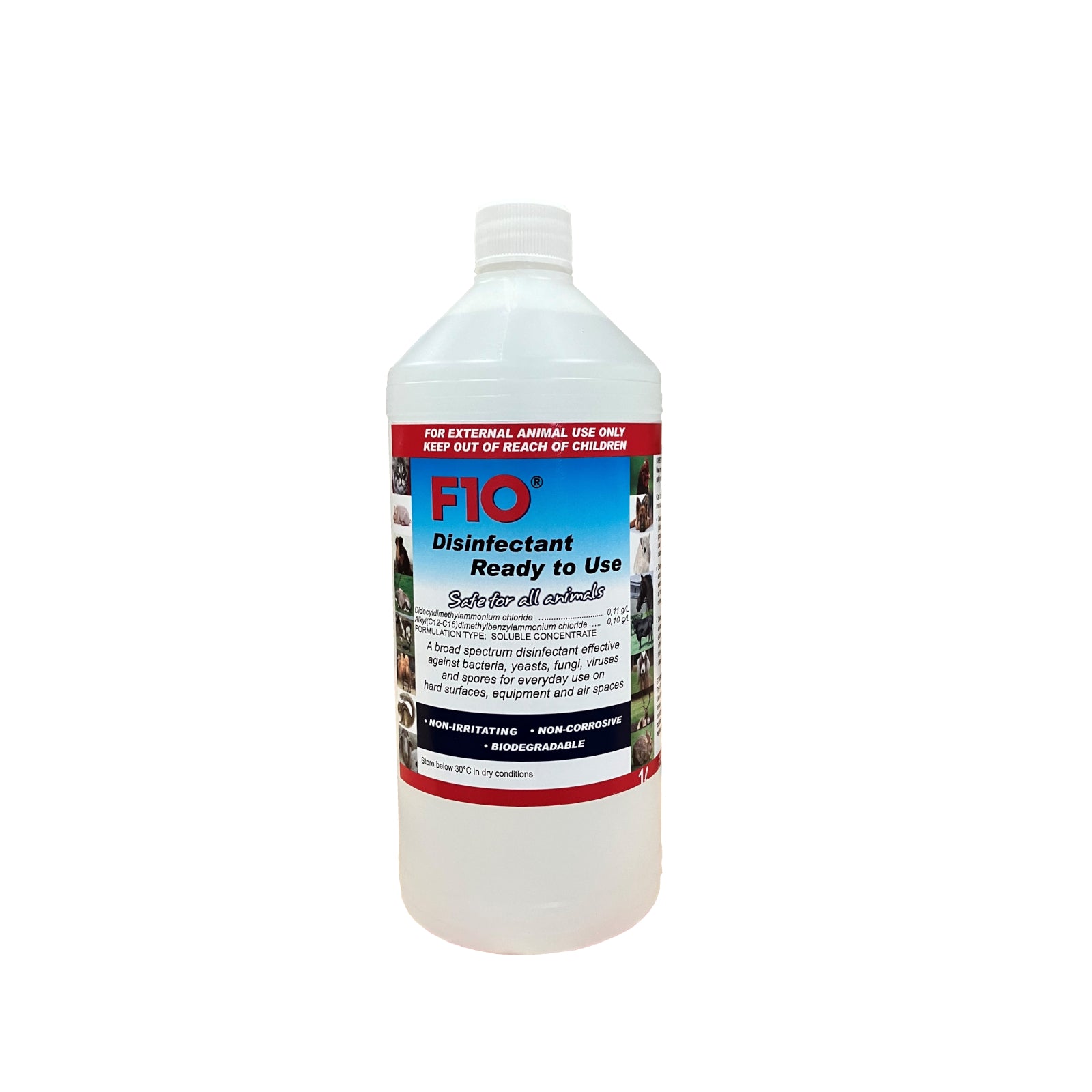 A 1 litre bottle of F10 Disinfectant Ready to Use