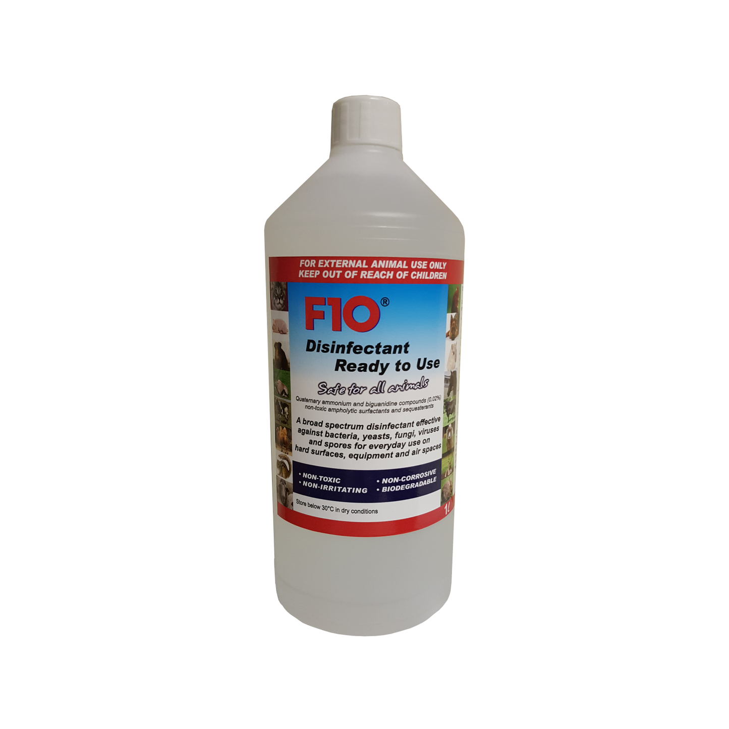 A 1 litre bottle of F10 Disinfectant Ready to Use