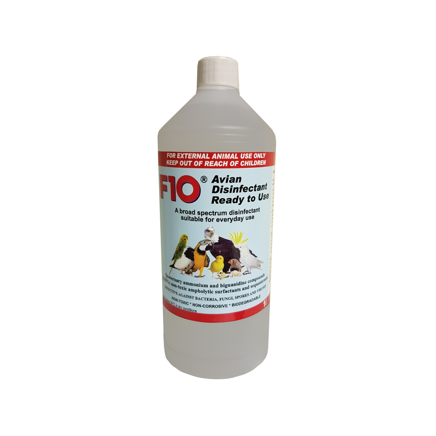 A 1 litre bottle of F10 Avian Disinfectant Ready to Use 