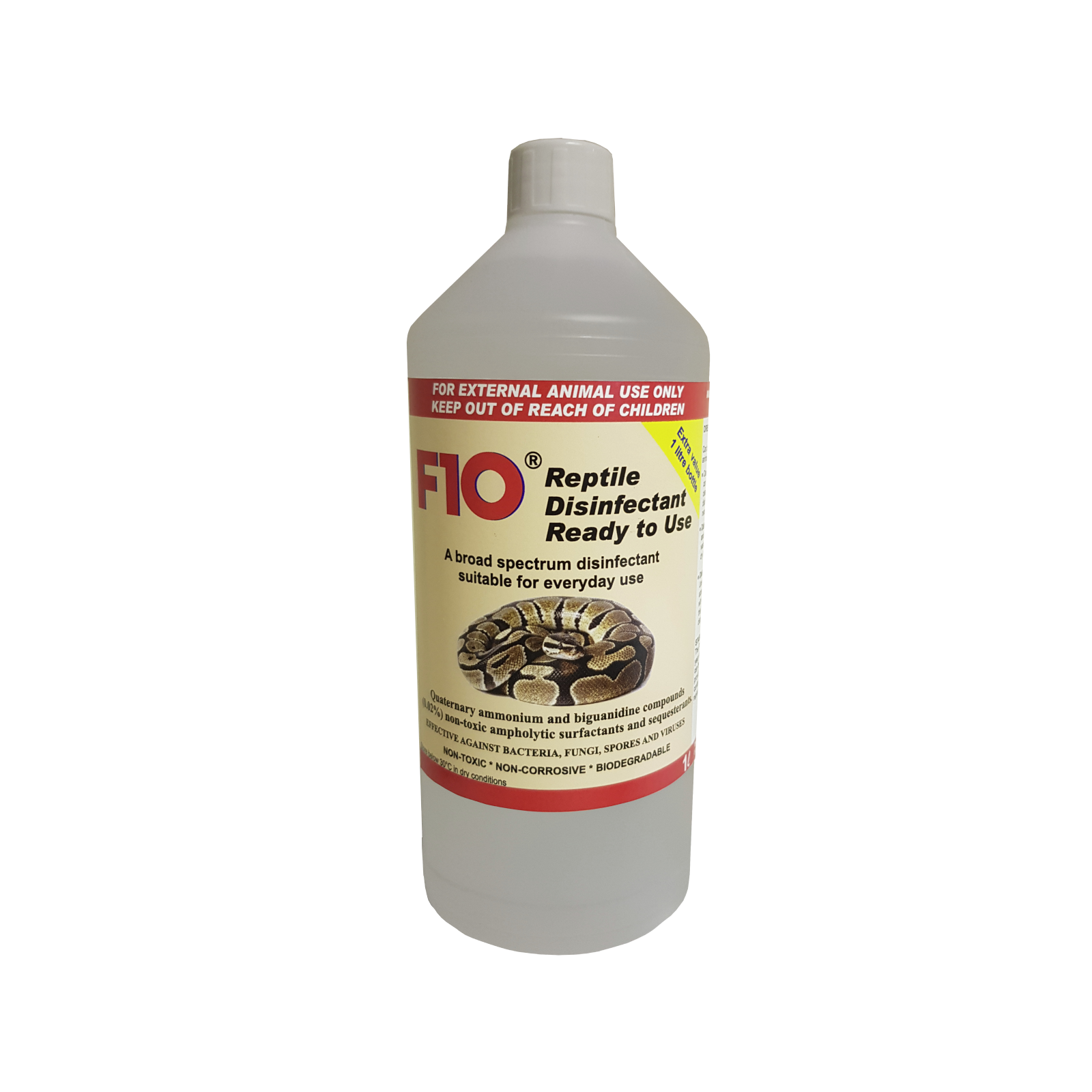 A 1 litre bottle of F10 Reptile Disinfectant Ready to Use 