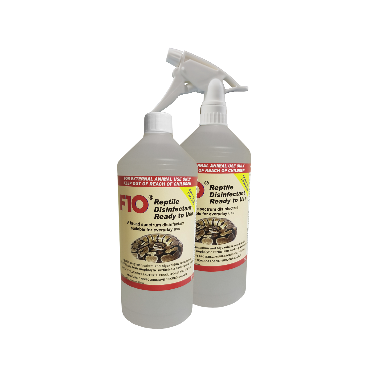 Two 1 litre bottles of F10 Reptile Disinfectant Ready to Use, one with a trigger spray