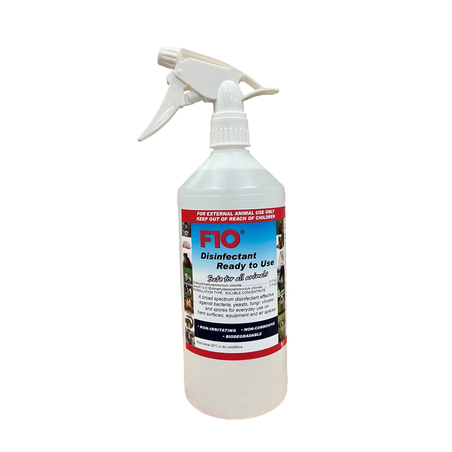 A 1 litre bottle of F10 Disinfectant Ready to Use with a trigger spray