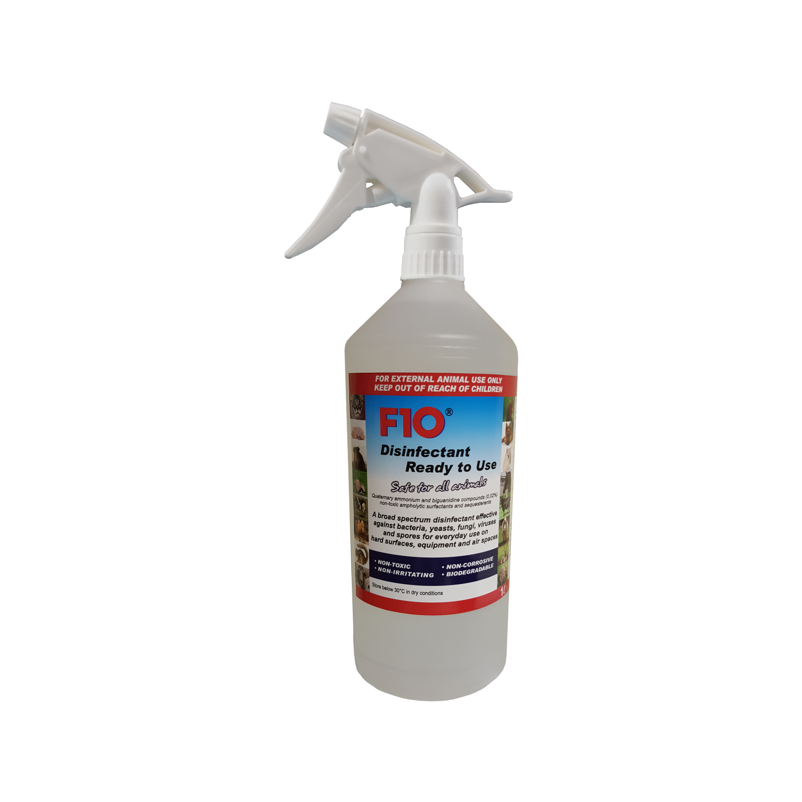 A 1 litre bottle of F10 Disinfectant Ready to Use with a trigger spray