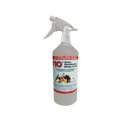 A 1 litre bottle of F10 Avian Disinfectant Ready to Use with a trigger spray