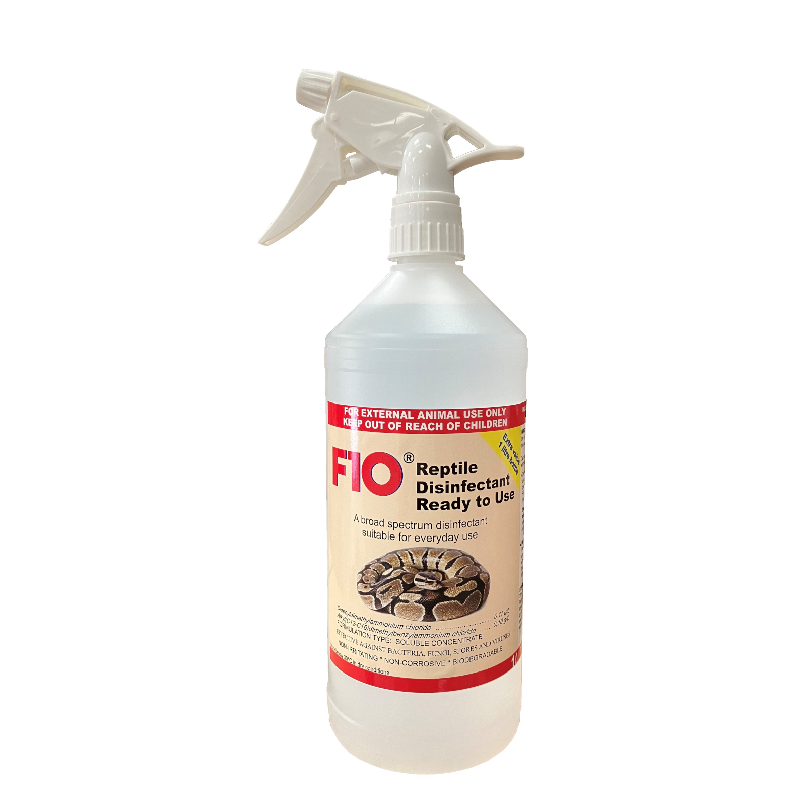 A 1 litre bottle of F10 Reptile Disinfectant Ready to Use with a trigger spray