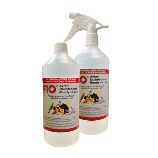 Two 1 litre bottles of F10 Avian Disinfectant Ready to Use, one with a trigger spray