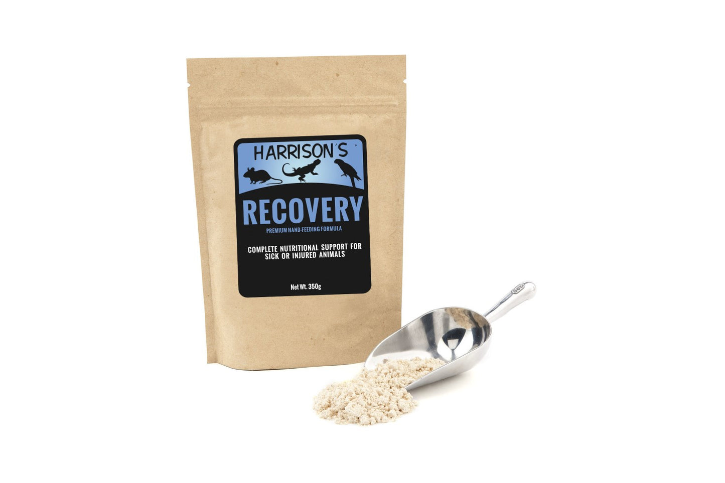 A 350g bag of Harrison's Recovery Formula, next to a metal scoop full of the formula