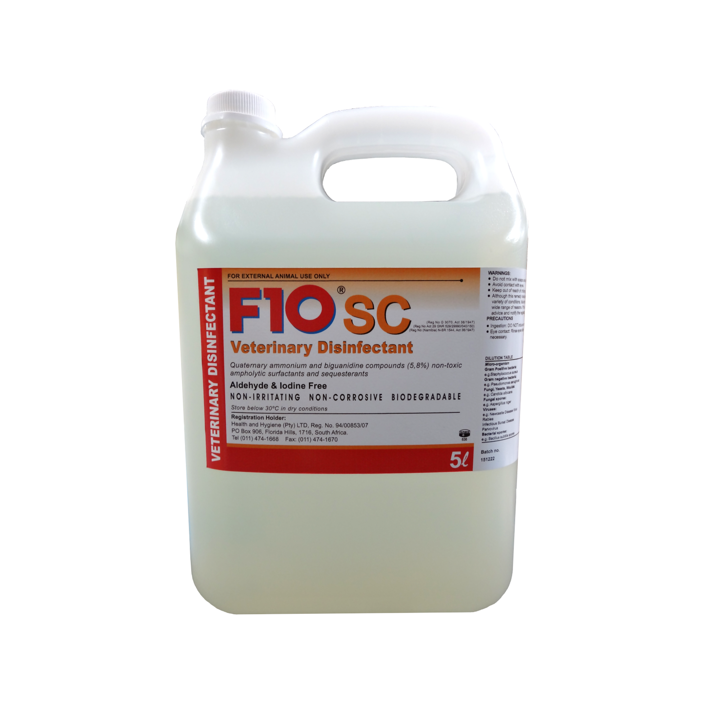 A 5 litre bottle of F10SC Veterinary Disinfectant