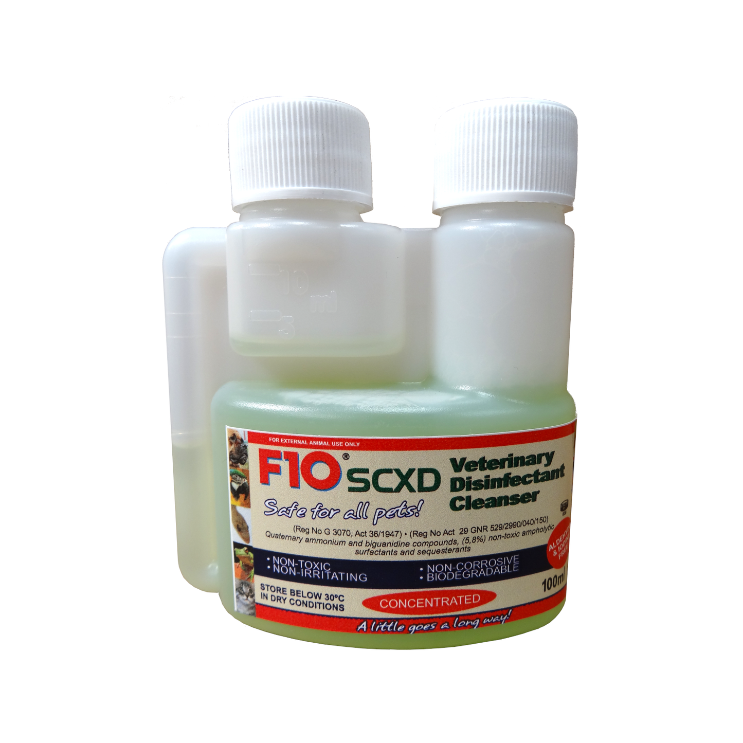 A 100ml bottle of F10SCXD Veterinary Disinfectant Cleanser