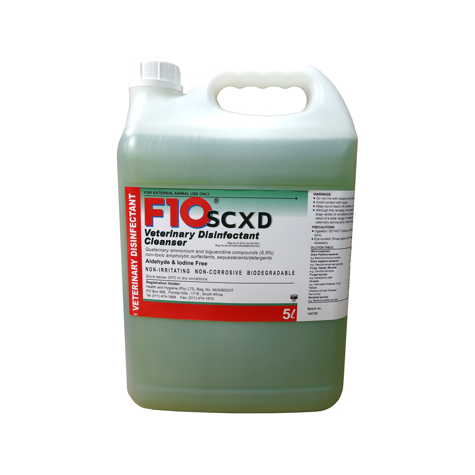 A 5 litre bottle of F10SCXD Veterinary Disinfectant Cleanser