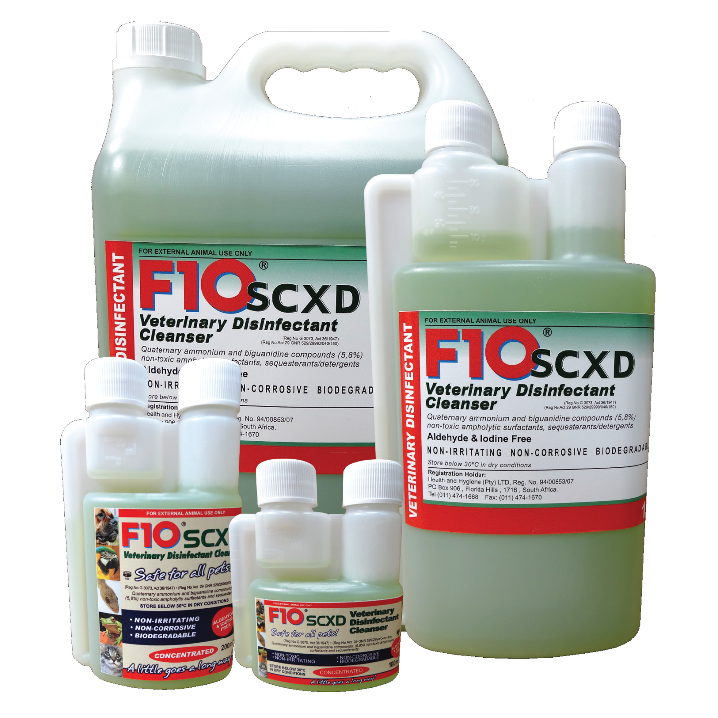 The four different sizes of F10SCXD Veterinary Disinfectant Cleanser - 100ml, 200ml, 1 litre and 5 litre bottles
