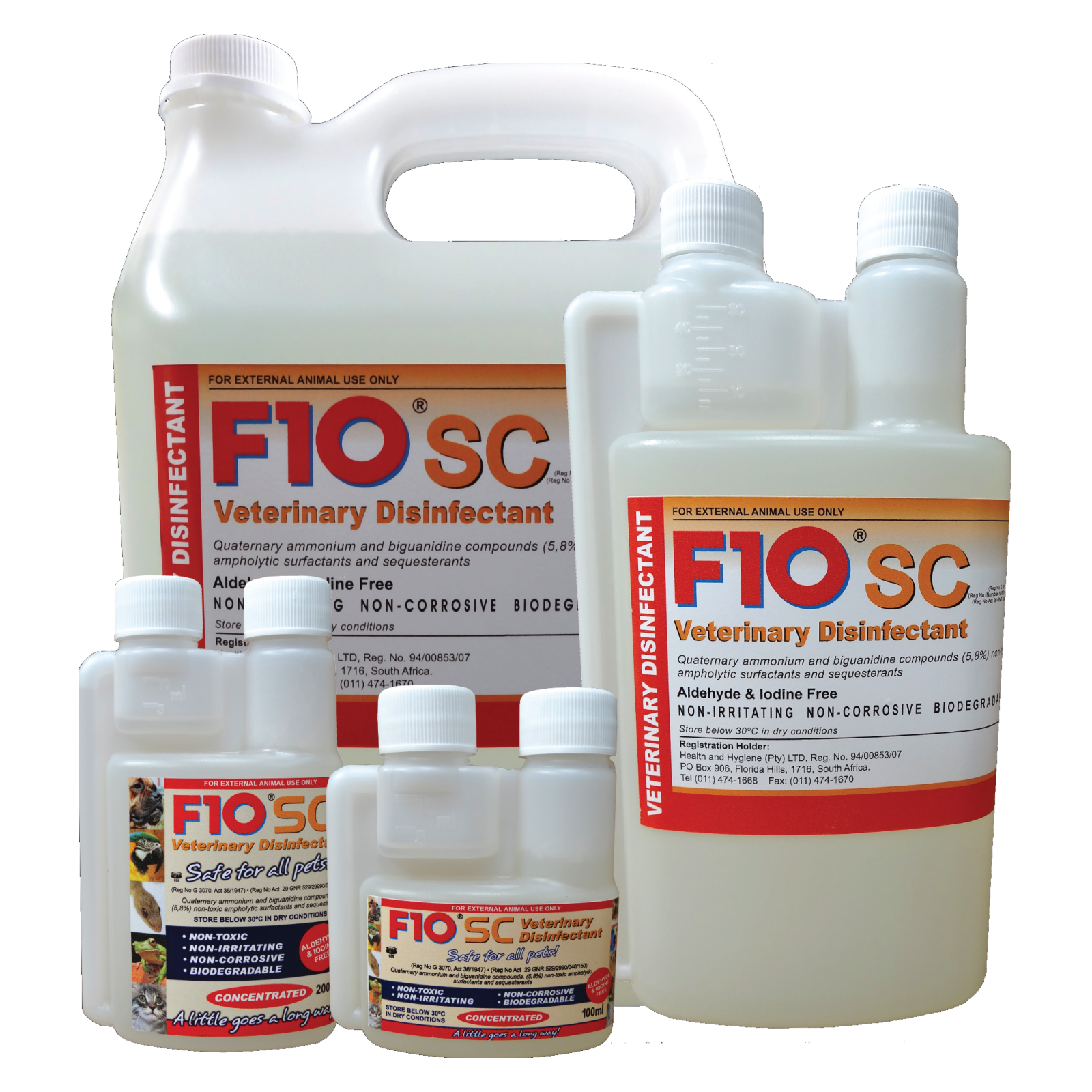 A group picture of the four different sizes of bottle of F10SC