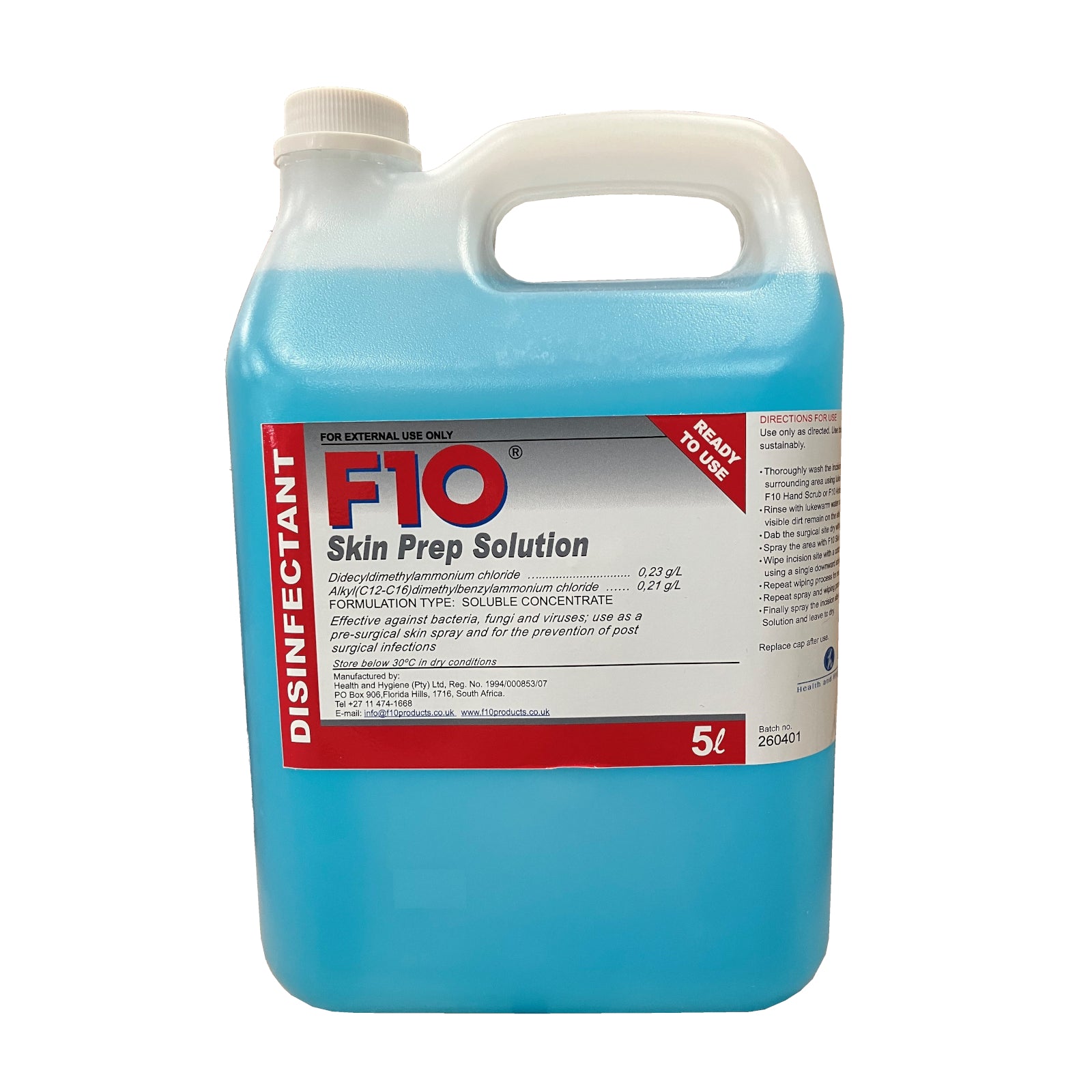 A 5 litre bottle of F10 Skin Prep Solution