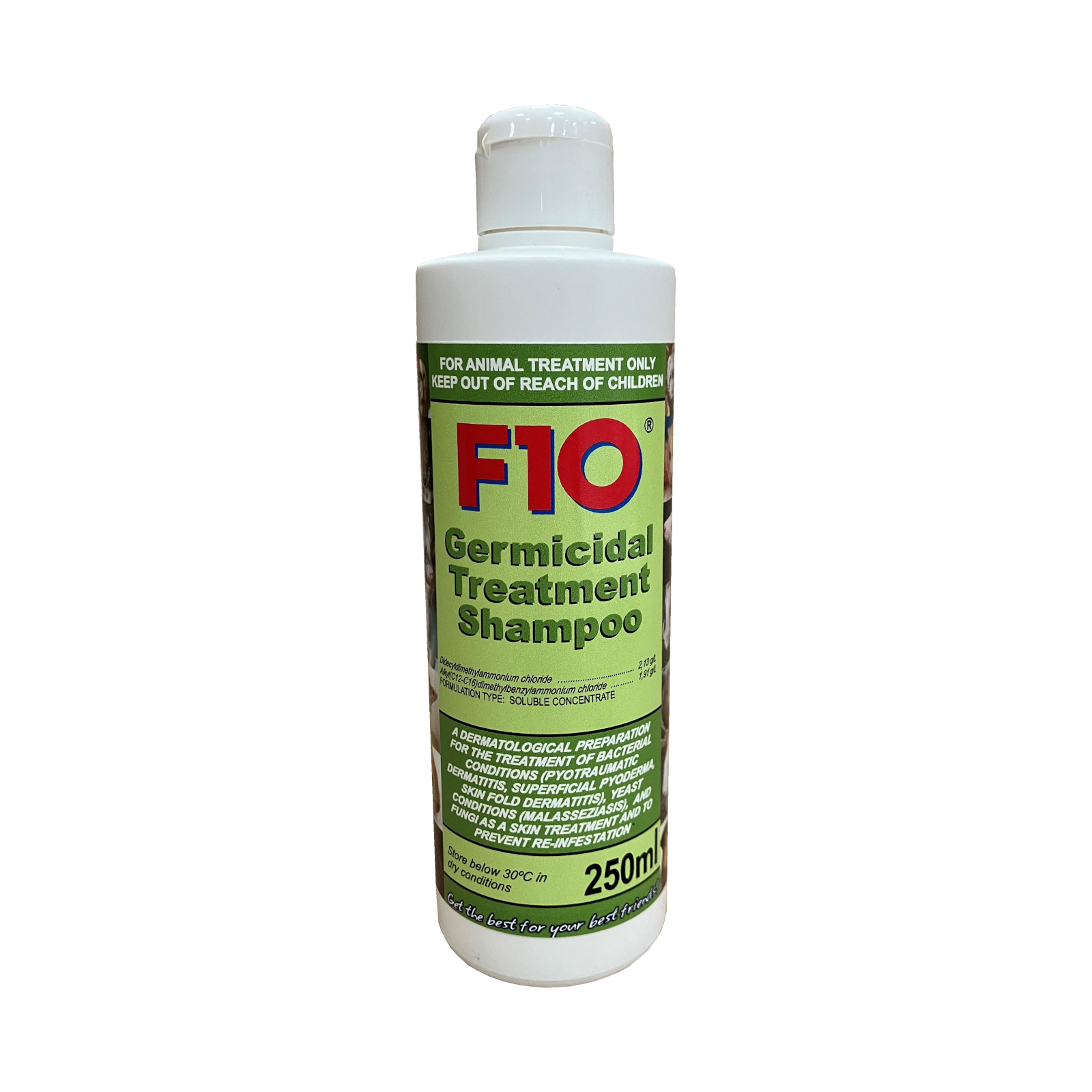 A bottle of F10 Germicidal Treatment Shampoo