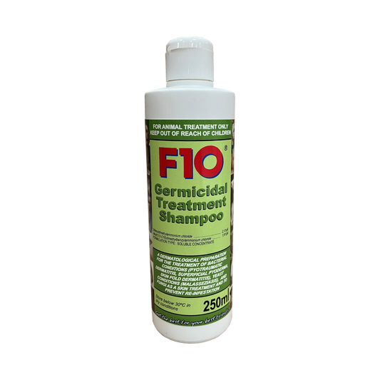 A bottle of F10 Germicidal Treatment Shampoo