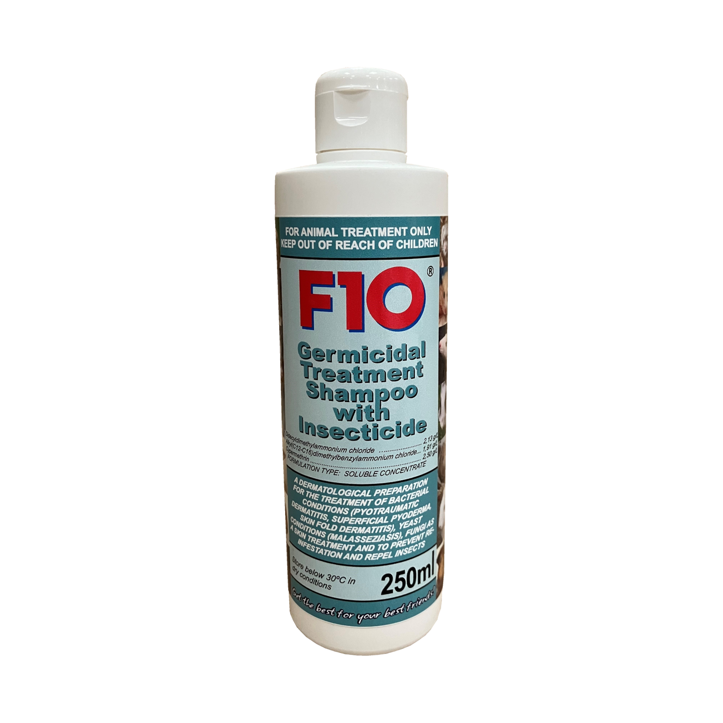 A bottle of F10 Germicidal Treatment Shampoo with Insecticide