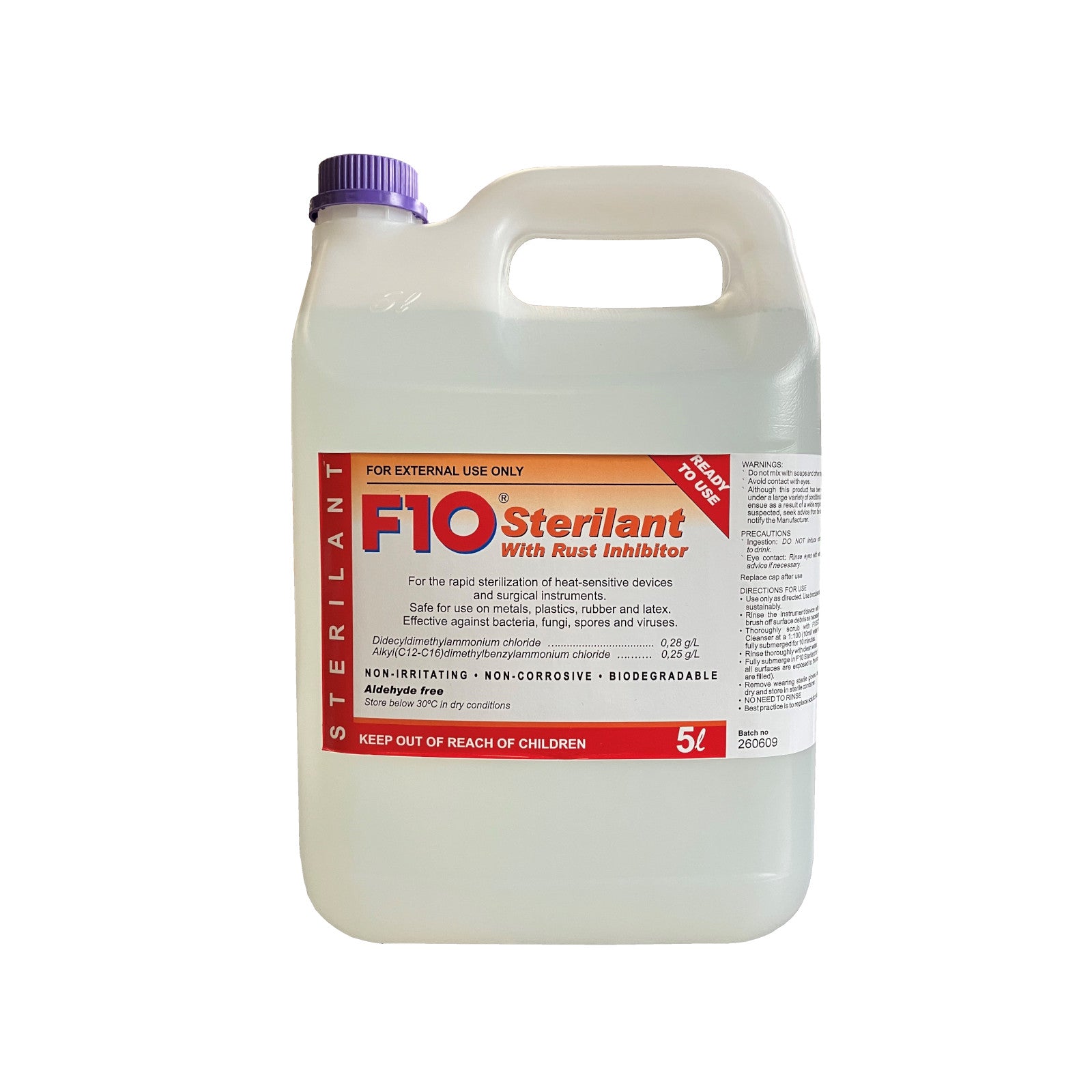 A 5 litre bottle of F10 Sterilant with Rust Inhibitor