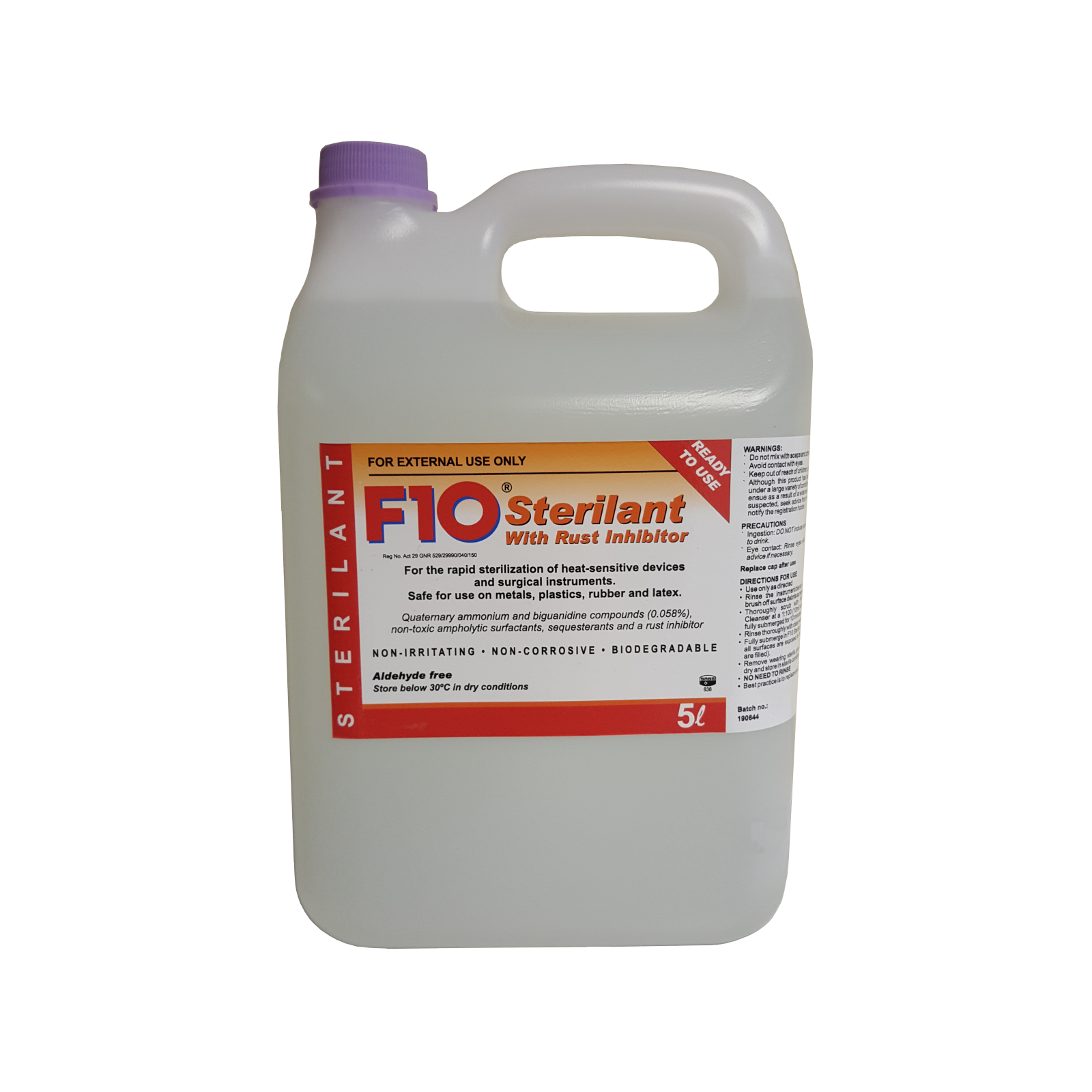 A 5 litre bottle of F10 Sterilant with Rust Inhibitor