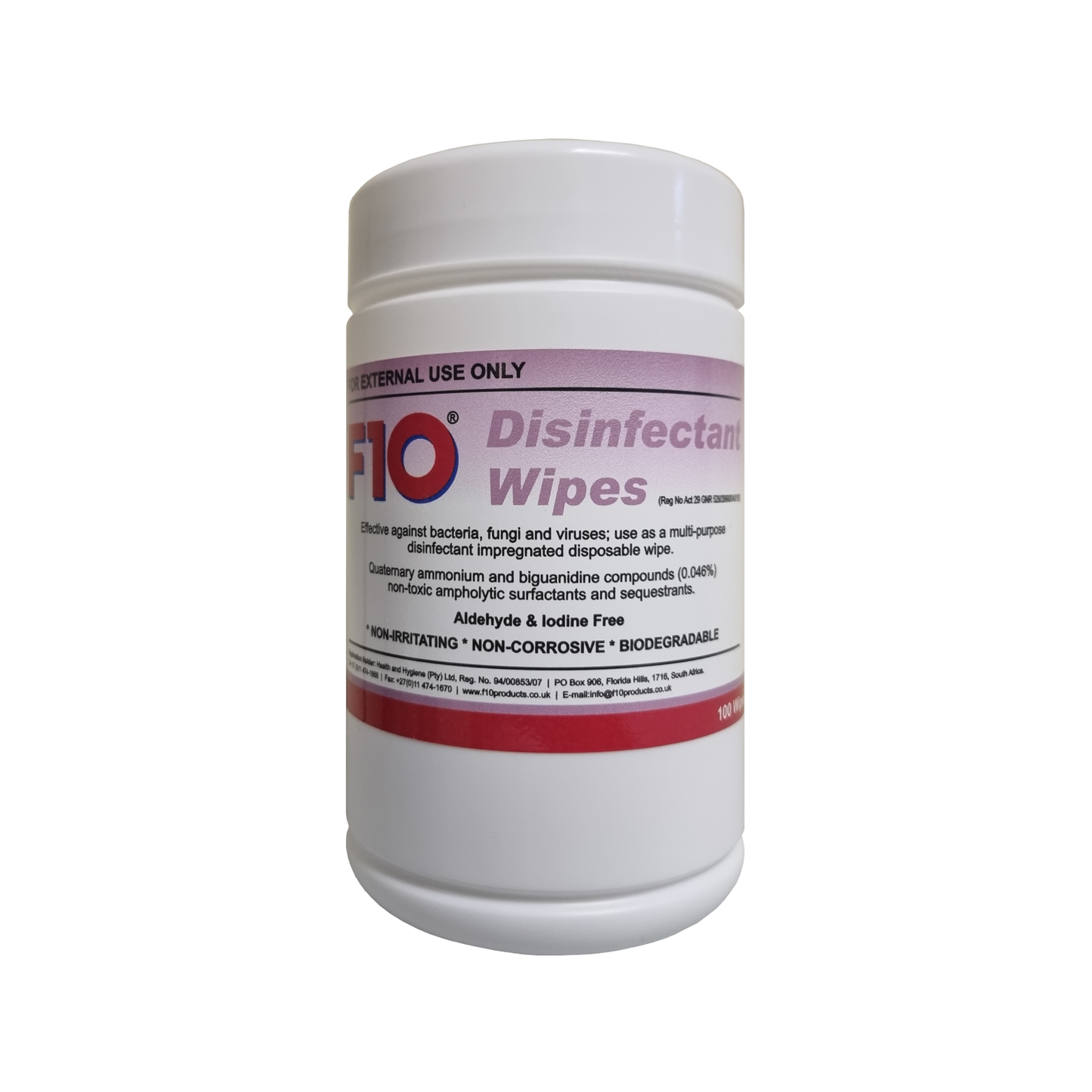 A tub of F10 Disinfectant Wipes