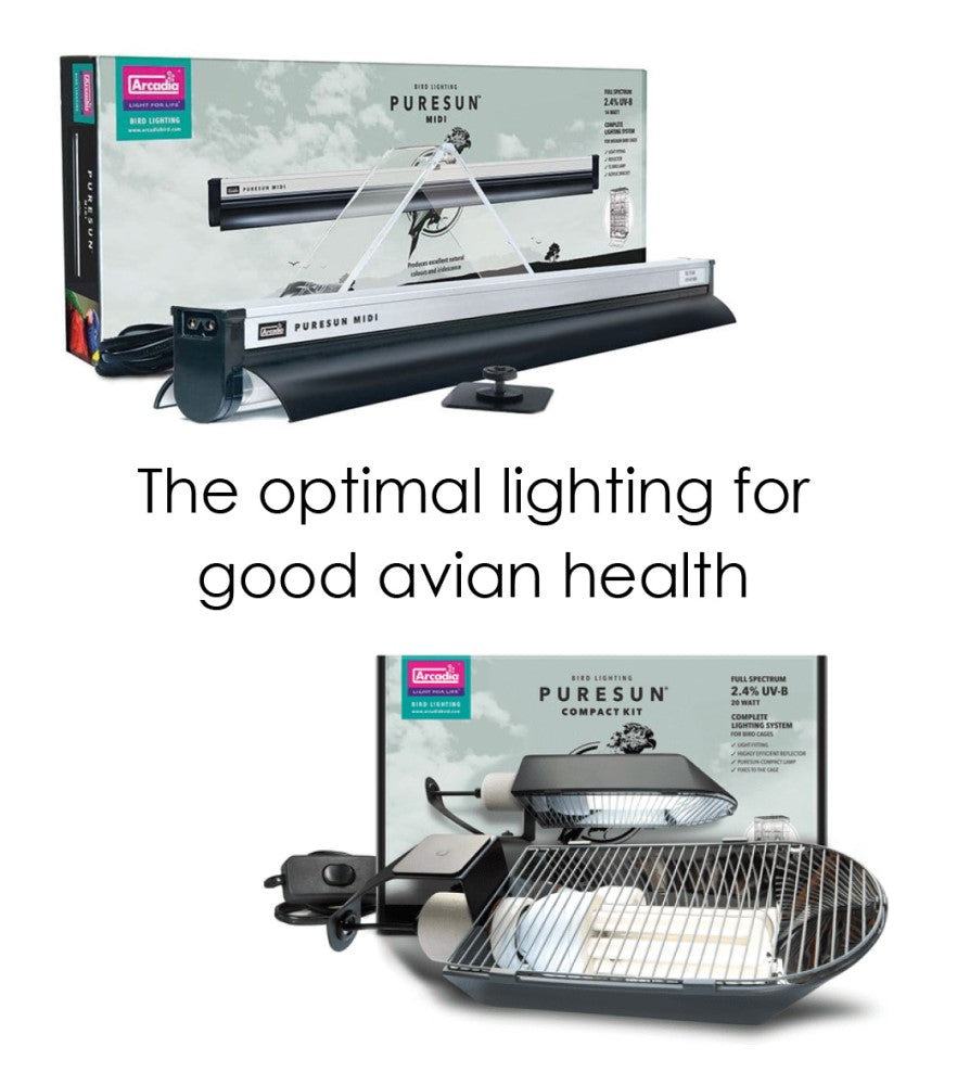 An Arcadia Puresun Compact Kit and Arcadia Puresun Midi lighting kit next to the words 'The optimal lighting for good avian health'