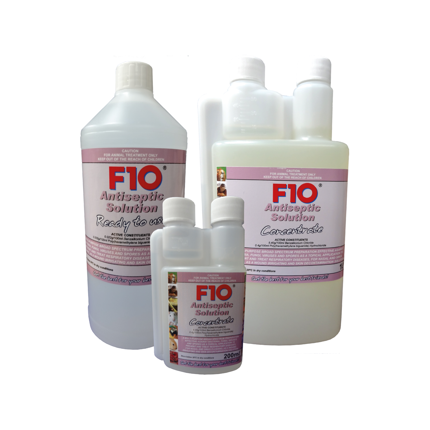 1 litre and 200ml bottles of F10 Antiseptic Solution Concentrate, and a 1 litre bottle F10 Antiseptic Solution Ready to Use