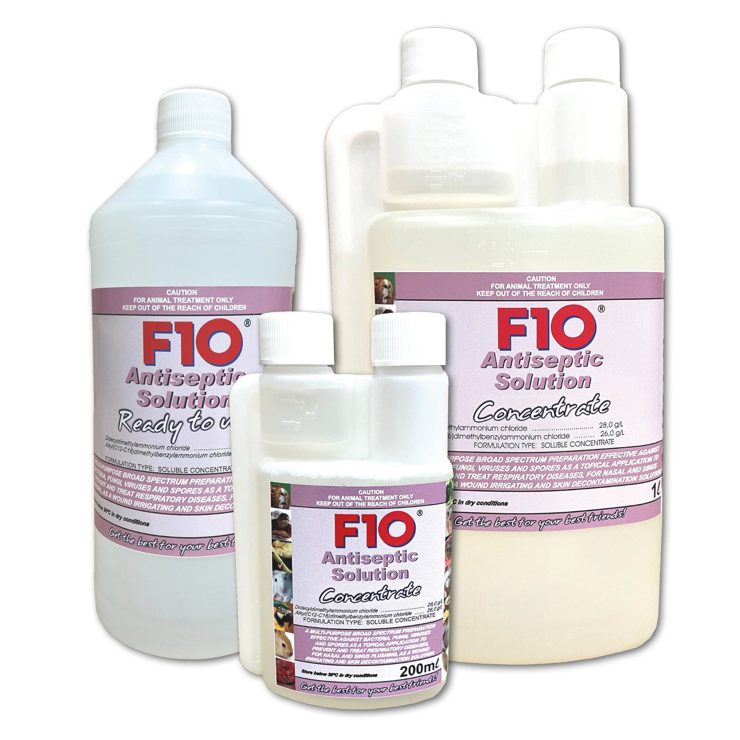 1 litre and 200ml bottles of F10 Antiseptic Solution Concentrate, and a 1 litre bottle F10 Antiseptic Solution Ready to Use