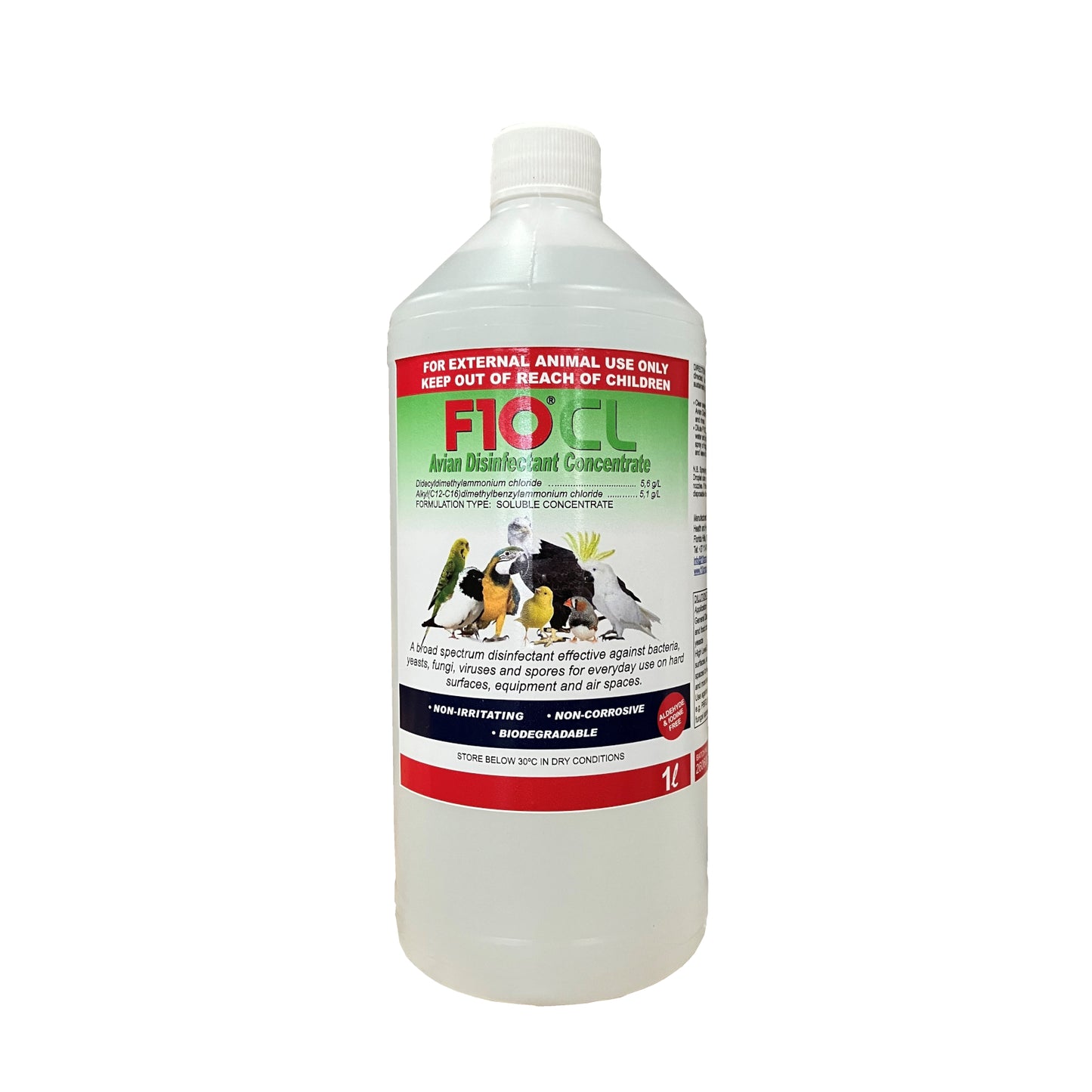 A 1 litre bottle of F10CL Avian Disinfectant Concentrate