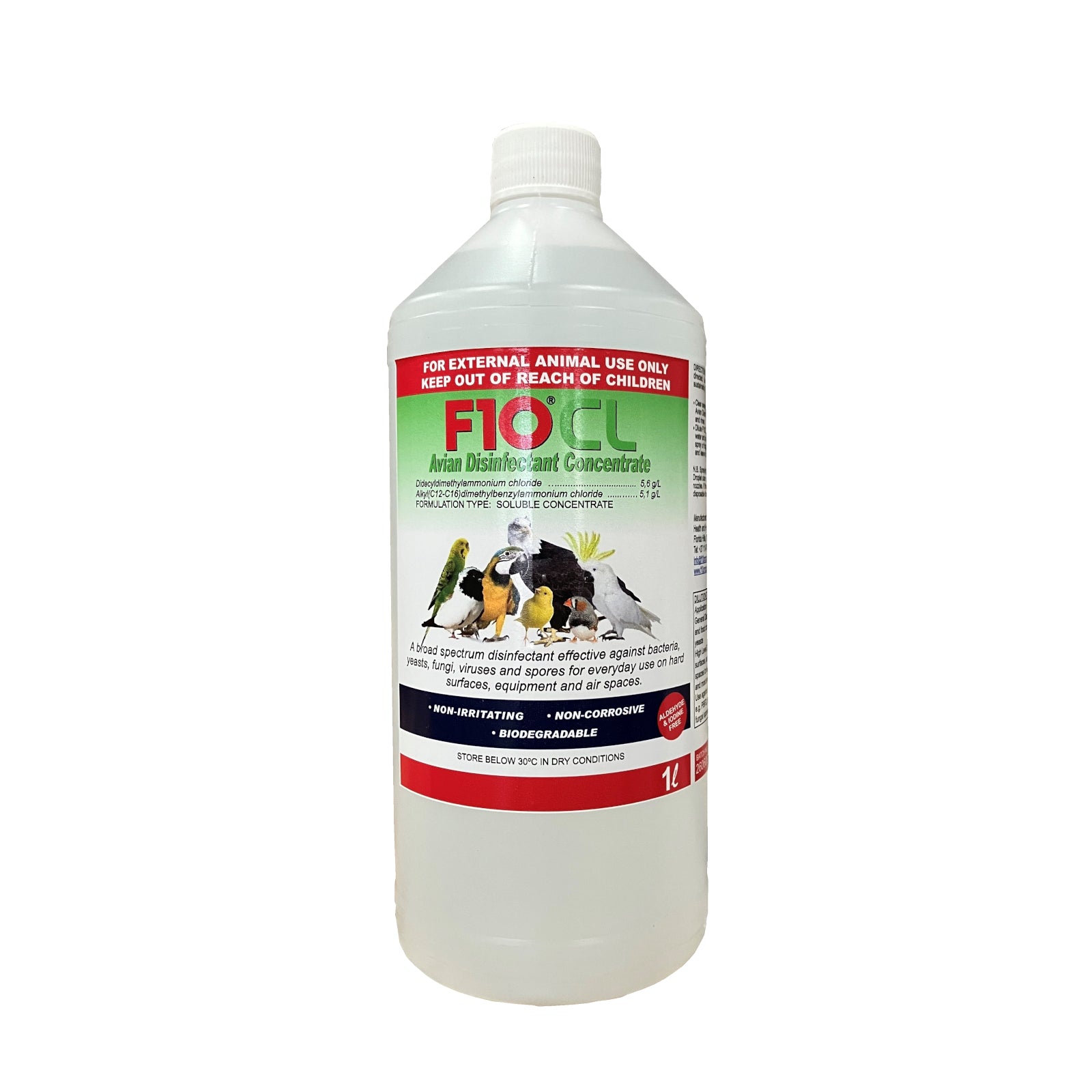 A 1 litre bottle of F10CL Avian Disinfectant Concentrate