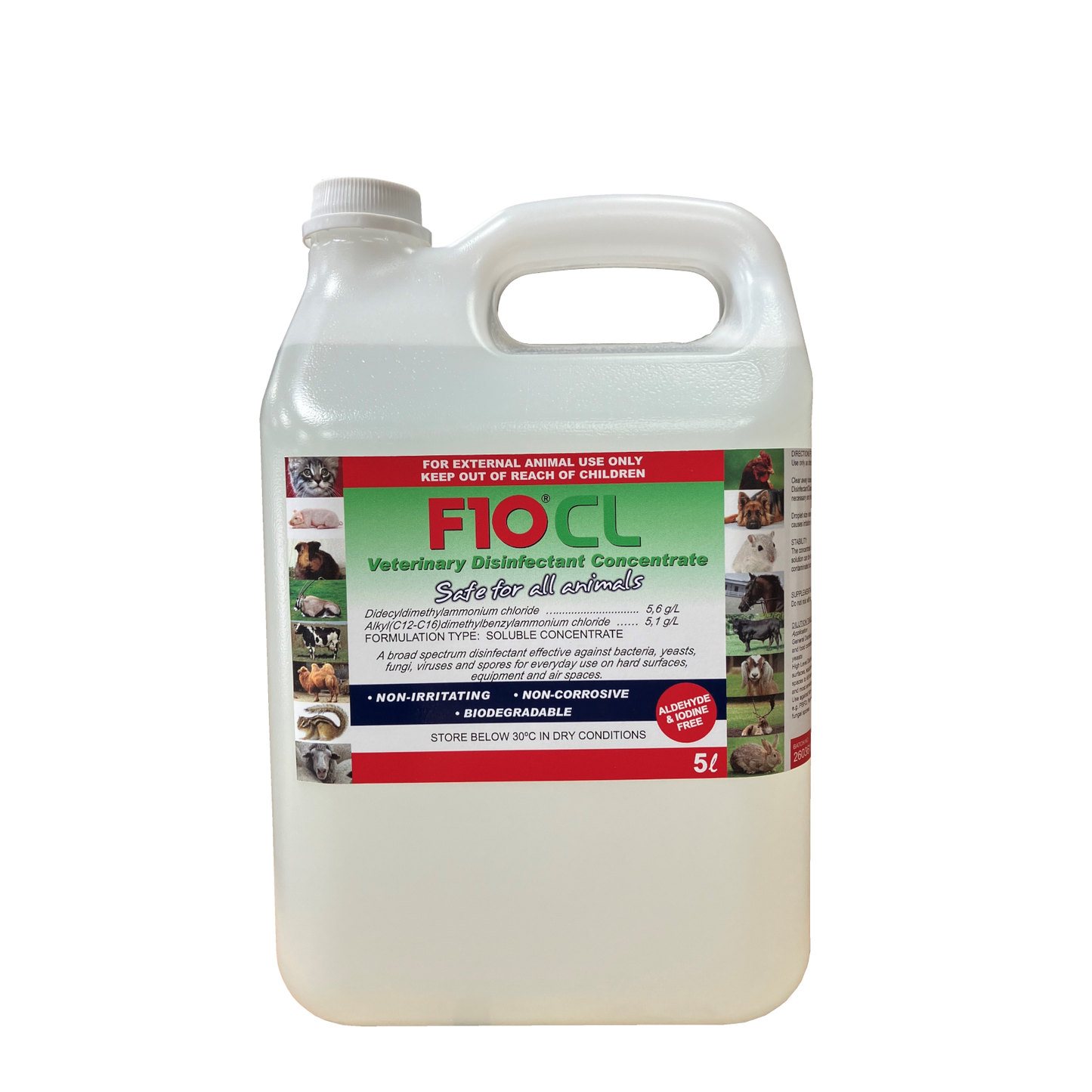 A 5 litre bottle of F10CL Veterinary Disinfectant Concentrate