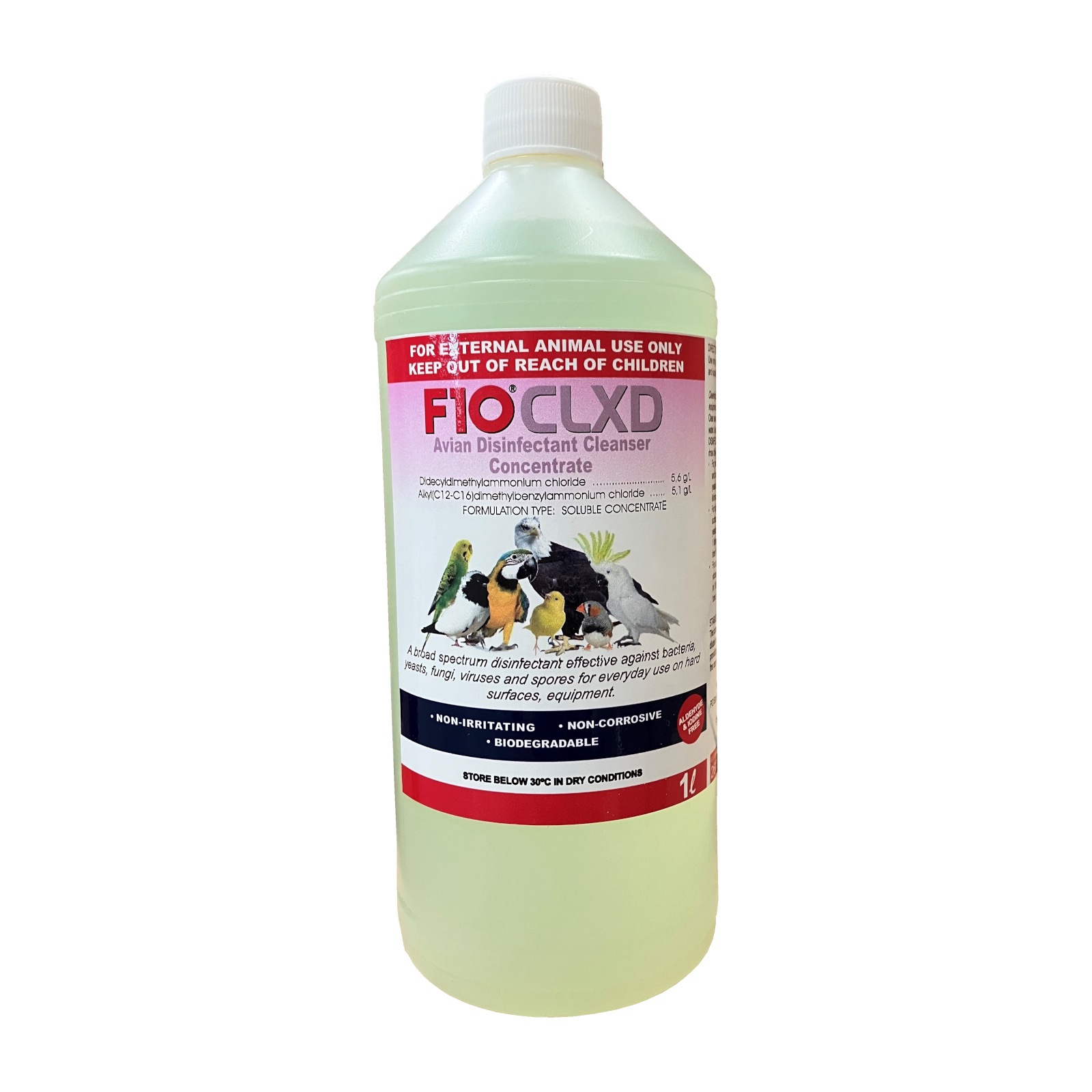 A 1 litre bottle of F10CLXD Avian Disinfectant Cleanser Concentrate