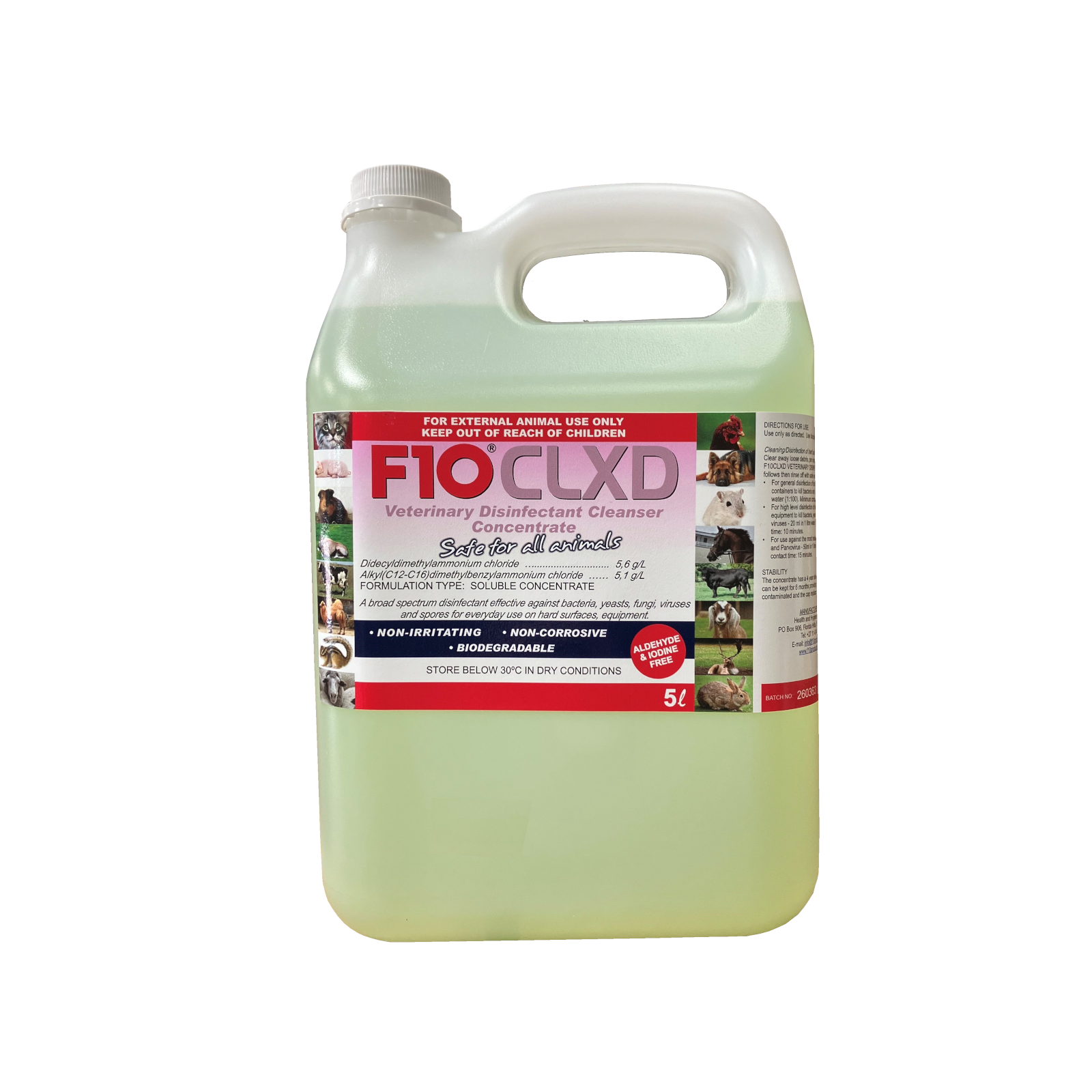 A 5 litre bottle of F10CLXD Veterinary Disinfectant Cleanser Concentrate