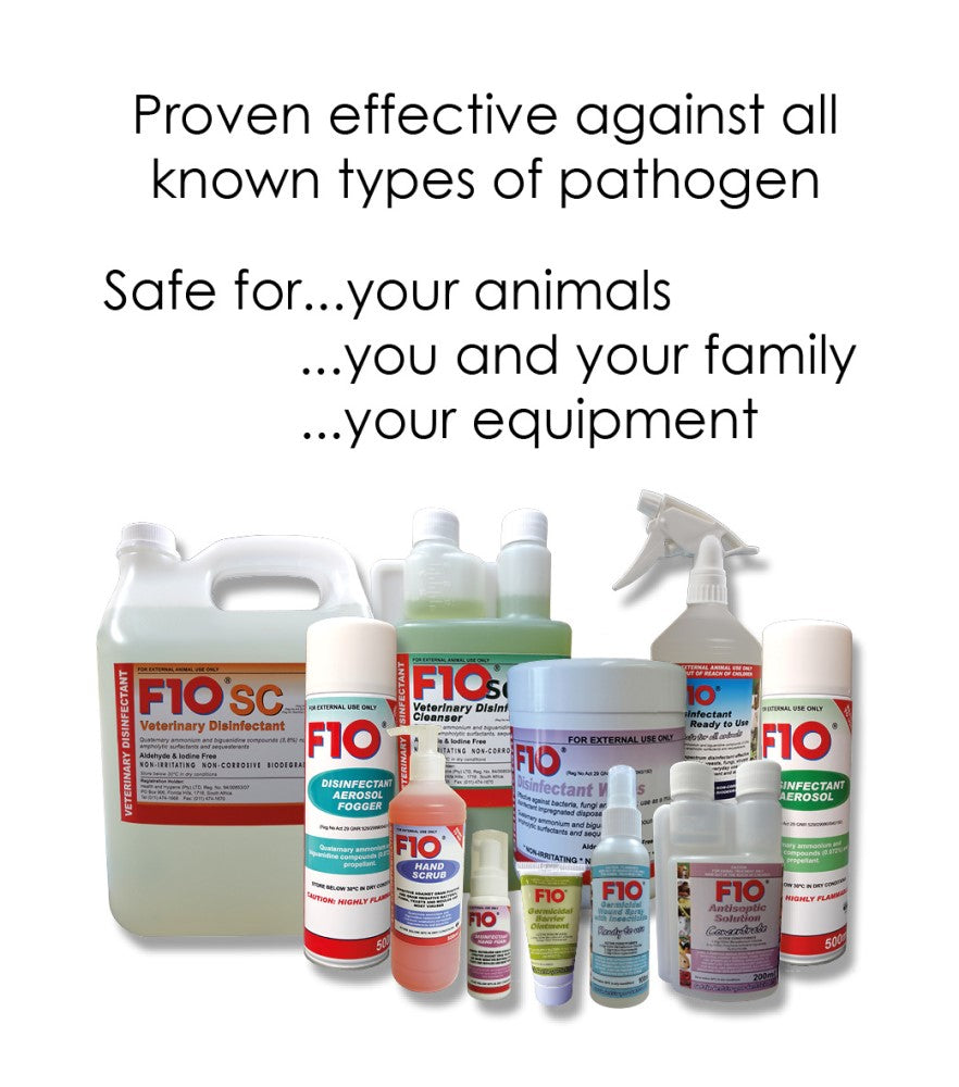 A group of different F10 products with the words 'proven effective against all known types of pathogen' and 'Safe for...your animals...you and your family...your equipment' 