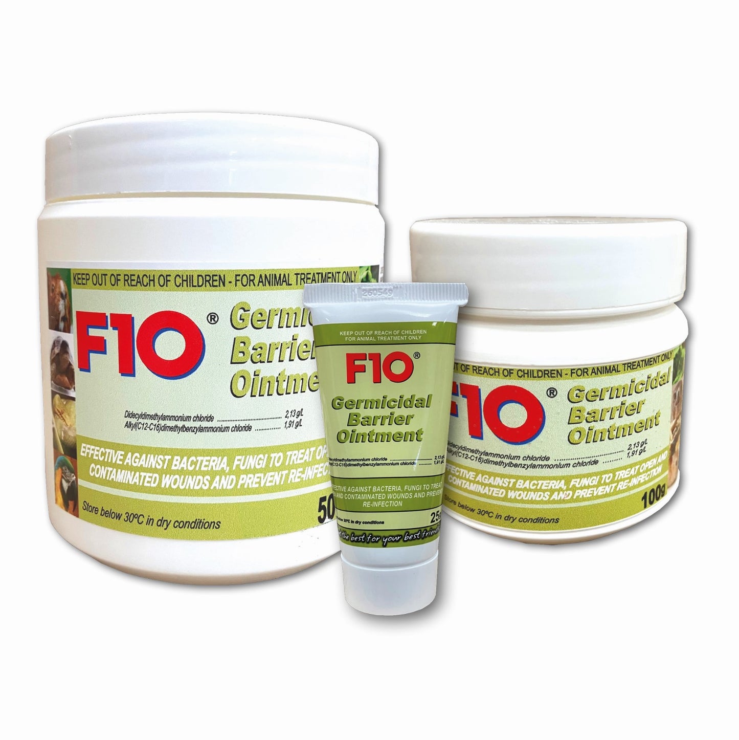 A 500g tub, 100g tub and 25g tube of F10 Germidical Barrier Ointment 