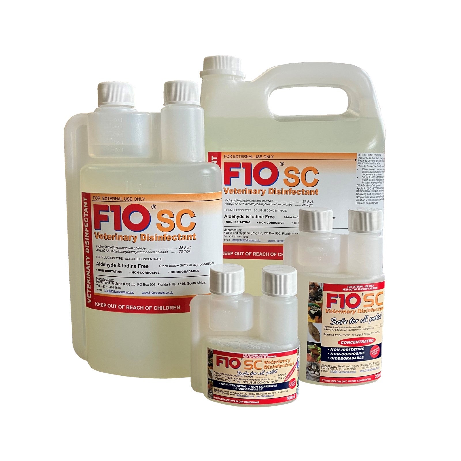 A group picture of the four different sizes of bottle of F10SC